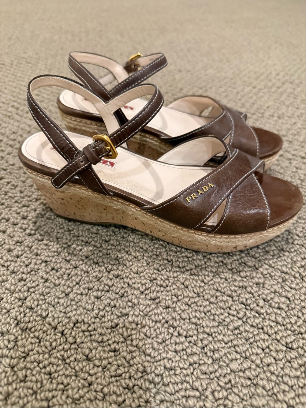 Prada Brown Leather Wedge Sandals with Gold Accent
